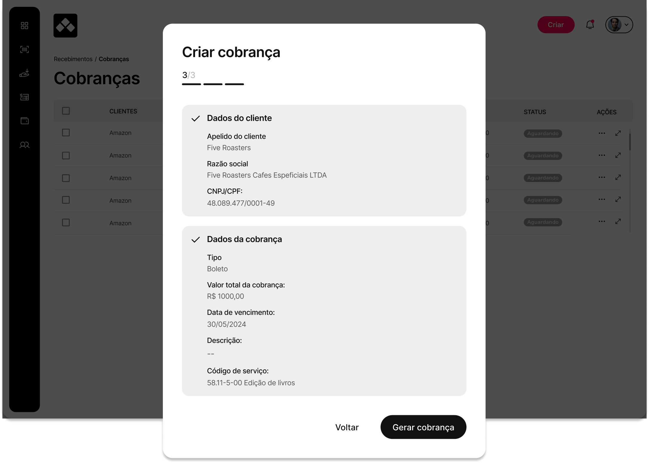 Criar cobrança — revisão