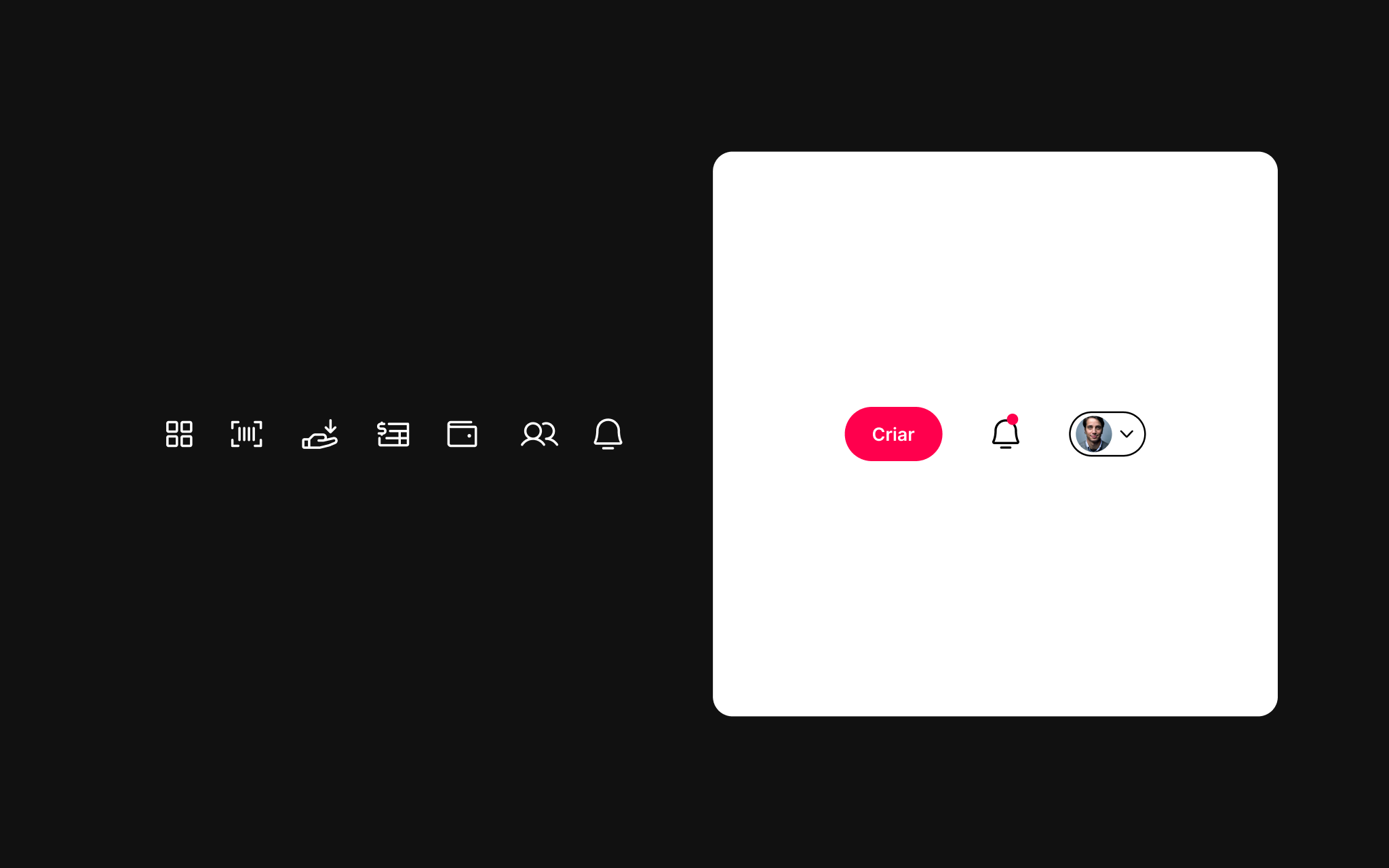 BHub — top navigation detail: create action, notifications and account menu