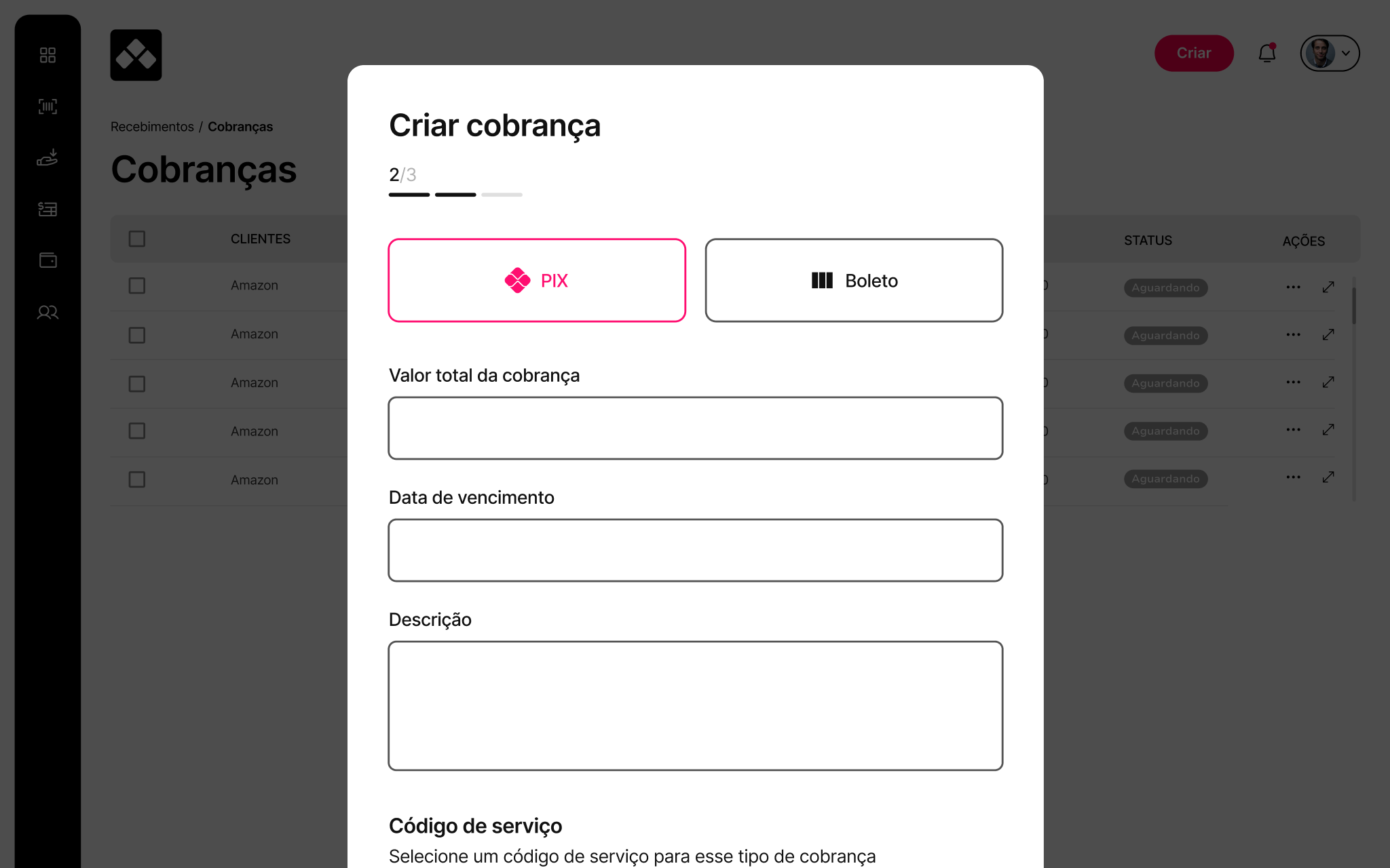 BHub — create charge flow: choosing Pix or boleto, amount and due date