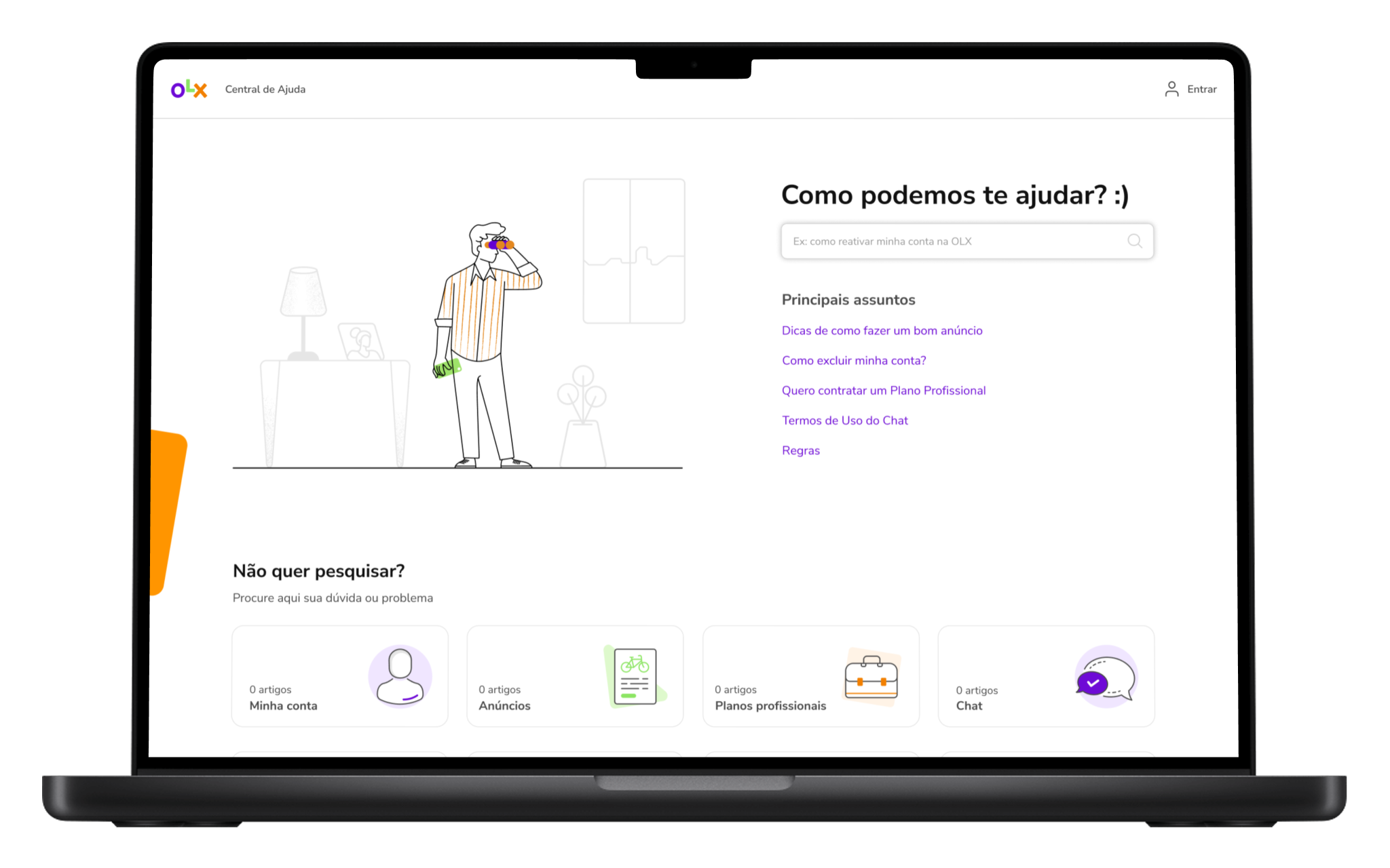 OLX Help Center homepage on desktop — search bar and top categories