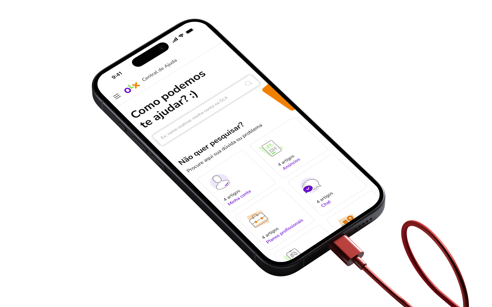 OLX Help Center on mobile — category menu, contextual article and highlighted tips