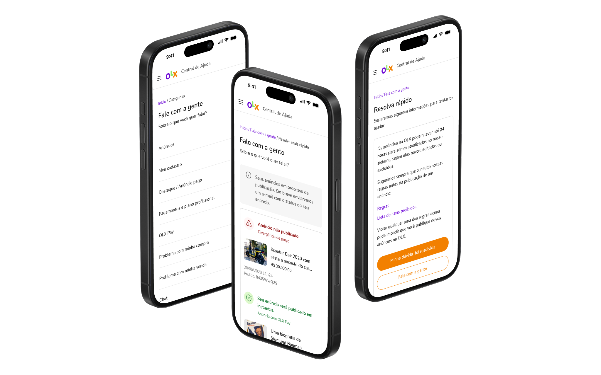 OLX Help Center — contact flow from channel selection to confirmation