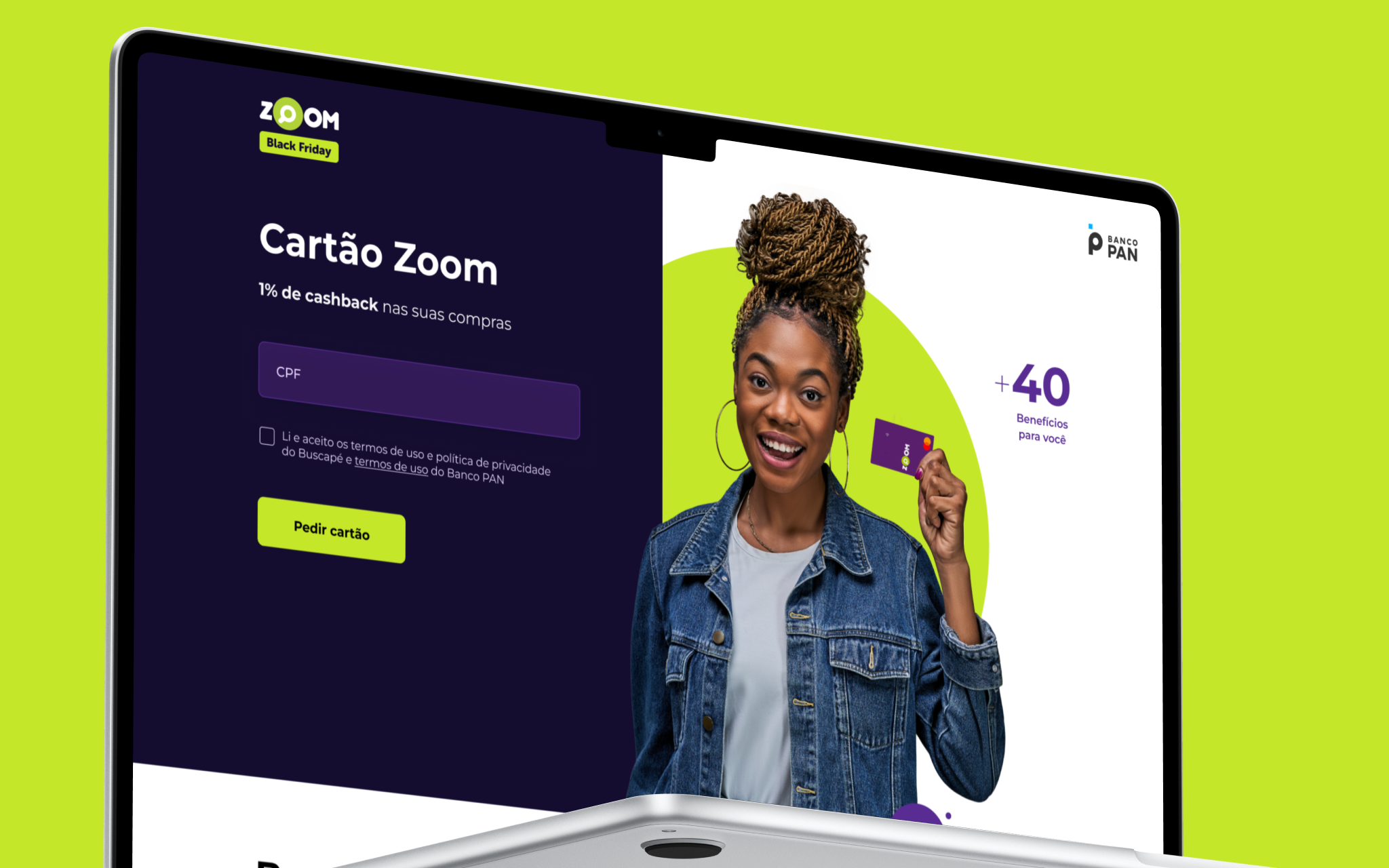 Zoom Card landing page on desktop — CPF signup field, cashback callout and +40 benefits banner